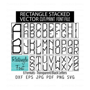 Peut inclure: Police d'alphabet noire et blanche avec un design empilé de rectangles. La police est appelée "Rectangle Font". L'image montre les lettres A à Z. La police est disponible en six formats : DXF, EPS, JPG, PDF, PNG et SVG.