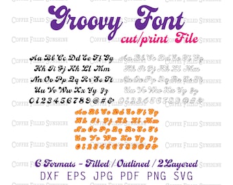 GROOVY FONT - VECTOR Letters, Cutter File, Layer Font, Printable, Digital Download dxf eps jpg pdf png svg Coffee Filled Sunshine