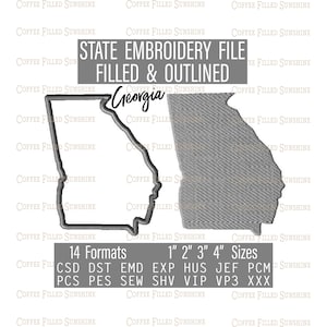 May include: A grey embroidery file of the state of Georgia, filled and outlined. The file is available in 14 formats and 5 sizes: 1 inch, 2 inches, 3 inches, and 4 inches. The formats include CSD, DST, EMD, EXP, HUS, JEF, PCS, PES, SEW, SHV, VIP, VP3, and XXX.