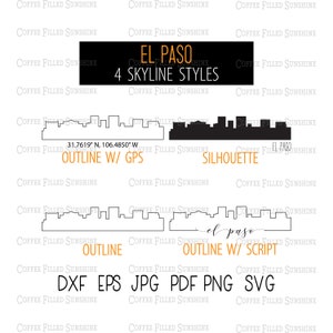 EL PASO City Skyline - Natychmiastowe pobieranie cyfrowe, Texas gps Współrzędne/Zarys/Sylwetka, tx monogram dxf eps jpg pdf png svg