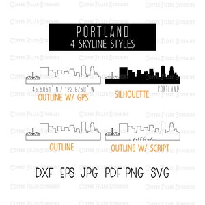 PORTLAND OREGON City Skyline - Instant Digital Download, gps Coordinates/Outline/Silhouette dxf eps jpg pdf png svg Coffee Filled Sunshine