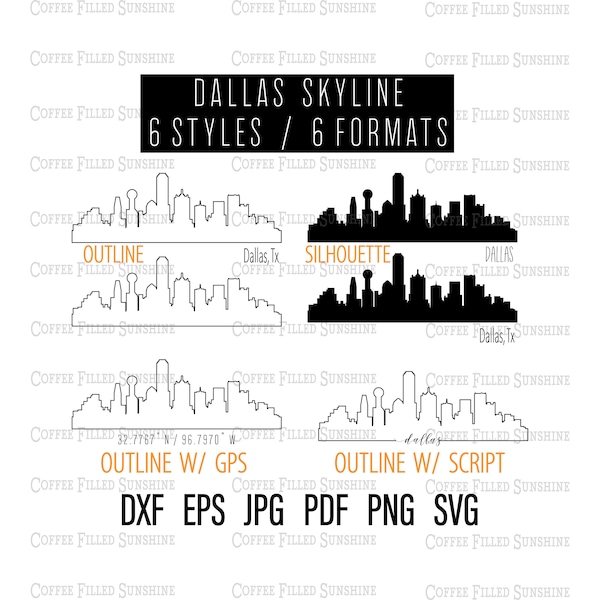 DALLAS SKYLINE - Instant Digital Download, Dallas Texas gps Coordinates/Outline/Silhouette, dxf eps jpg pdf png svg Coffee Filled Sunshine