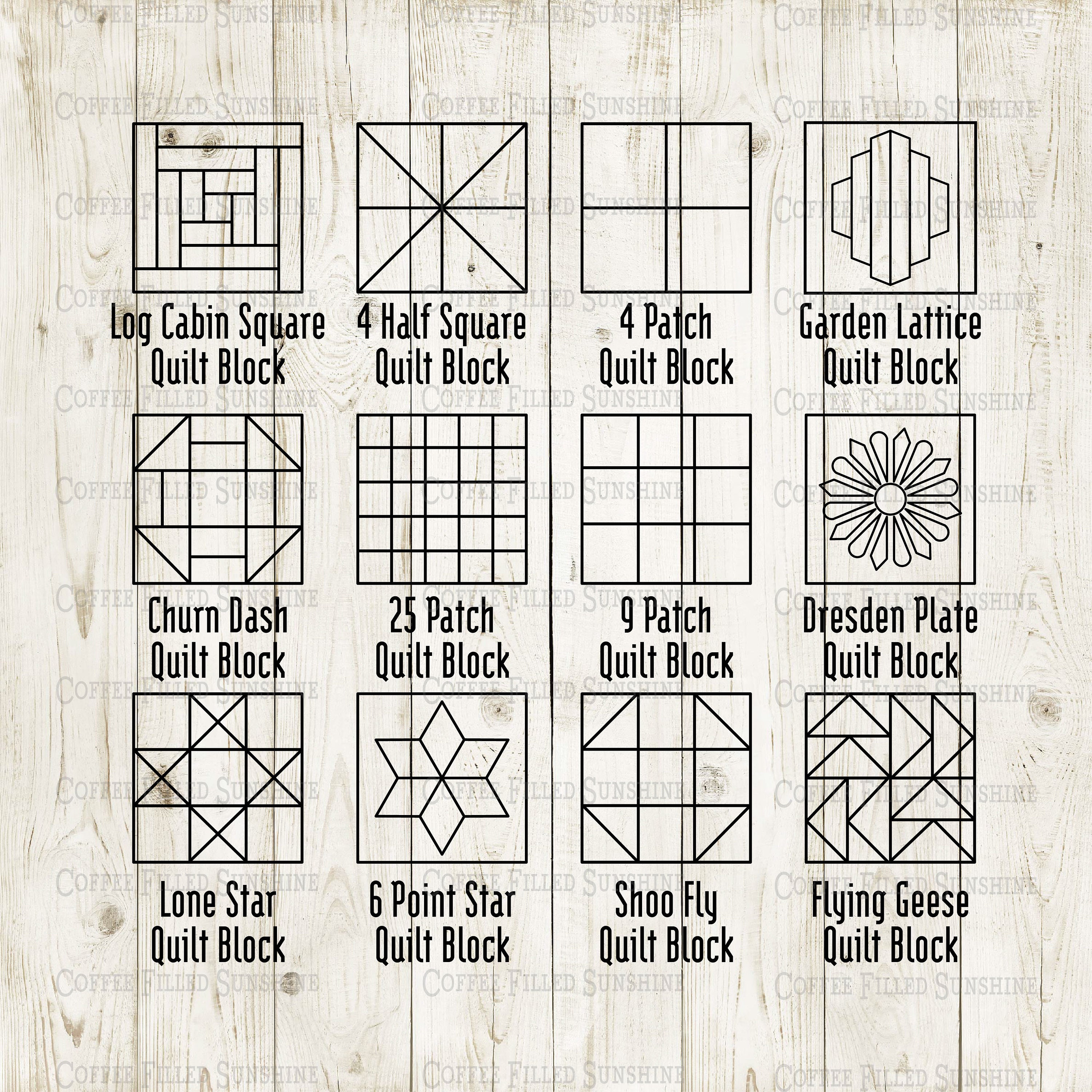 QUILTING SQUARES CLIPART Vector Images Digital Cut/print Quilt Designs  Instant Download Dxf Eps Jpg Pdf Png Svg Coffee Filled Sunshine 