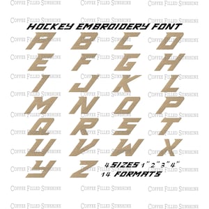 Może przedstawiać: Brązowy alfabet czcionki do haftu hokejowego z tekstem "HOCKEY EMBROIDERY FONT" u góry i "4 SIZES 1" 2" 3" 4" 14 FORMATS" na dole.
