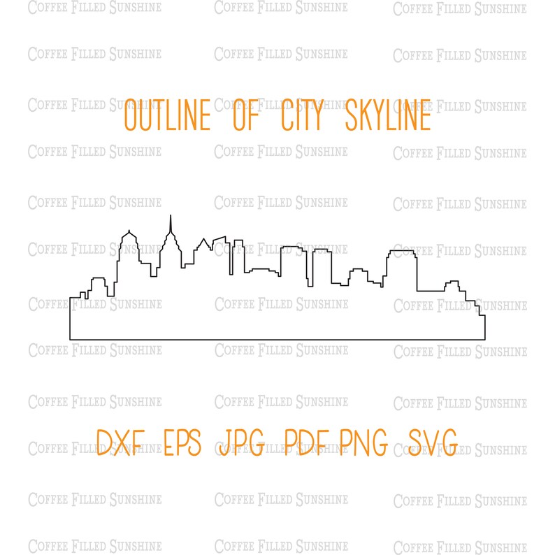 May include: A black line drawing of a city skyline with various building shapes. The words "OUTLINE OF CITY SKYLINE" are in orange. Below the skyline are the file types: DXF, EPS, JPG, PDF, PNG, SVG.