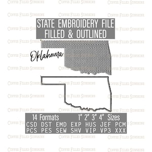 May include: Embroidery file for the state of Oklahoma, filled and outlined. The file is available in 14 formats and 5 sizes: 1 inch, 2 inches, 3 inches, and 4 inches. Formats include CSD, DST, EMD, EXP, HUS, JEF, PCS, PES, SEW, SHV, VIP, VP3, and XXX.