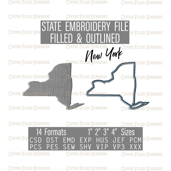 May include: Embroidery file of the state of New York, filled and outlined. The file is available in 14 formats and 5 sizes: 1 inch, 2 inches, 3 inches, and 4 inches. Formats include CSD, DST, EMD, EXP, HUS, JEF, PCS, PES, SEW, SHV, VIP, VP3, and XXX.