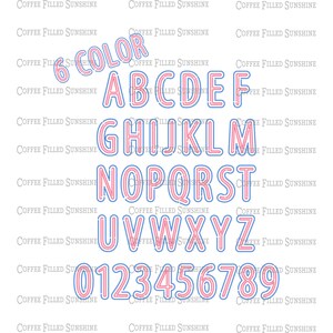 May include: 6 COLOR alphabet and numbers in a pink and blue outline font. The letters are outlined in blue and filled in pink. The numbers are outlined in pink and filled in blue.