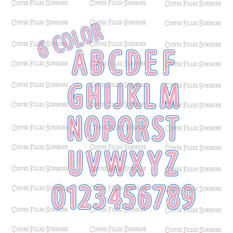 May include: 6 COLOR alphabet and numbers in a pink and blue outline font. The letters are outlined in blue and filled in pink. The numbers are outlined in pink and filled in blue.
