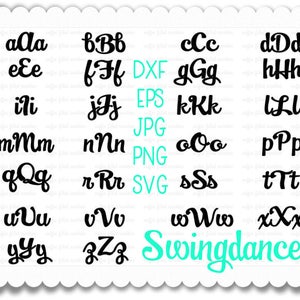 Op de afbeelding: Een zwart-wit afbeelding met de letters van het alfabet in een cursief lettertype. De letters zijn gerangschikt in twee kolommen. Het woord "Swingdance" is geschreven in een turquoise cursief lettertype onderaan de afbeelding.