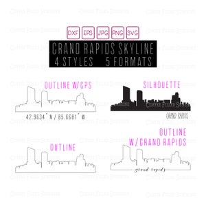 Skyline van GRAND RAPIDS Michigan - digitaal knippen/afdrukken vectorbestand, gps-coördinaten/overzicht/silhouet, directe download dxf eps jpg png svg