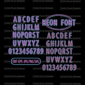 May include: Neon font alphabet in pink and blue with a double outline. The letters are uppercase and include numbers 0-9. The text "NEON FONT" is in a circle.