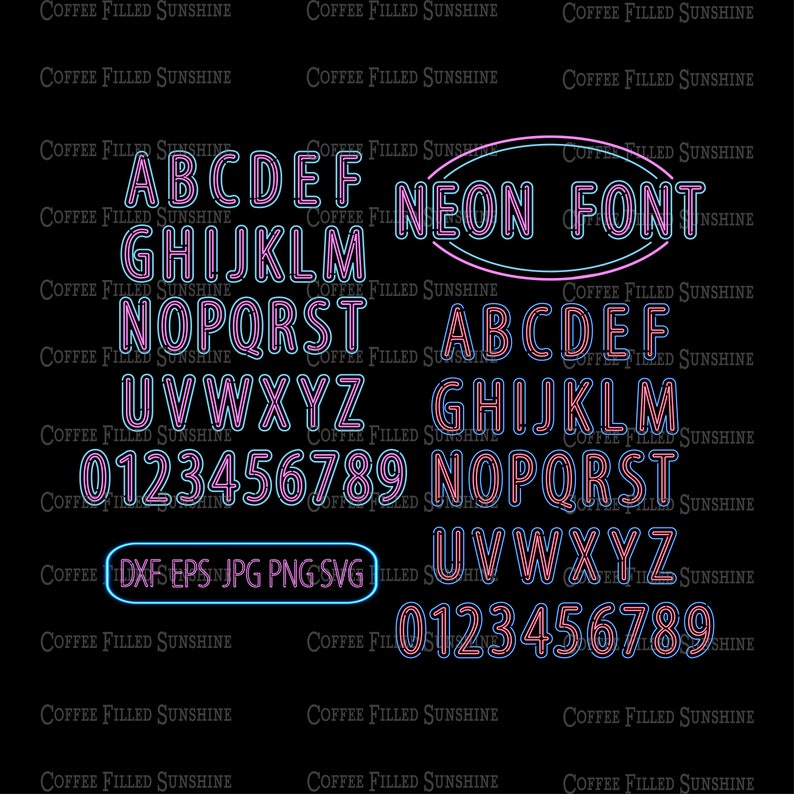 May include: Neon font alphabet in pink and blue with a double outline. The letters are uppercase and include numbers 0-9. The text "NEON FONT" is in a circle.