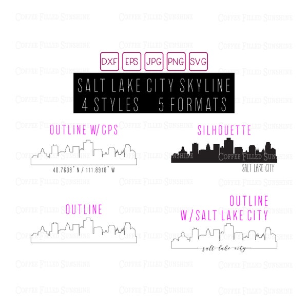 SALT LAKE CITY Skyline - Instant Digital Download, Salt Lake City Utah gps Coordinates/Outline/Silhouette, monogram, dxf eps jpg png svg