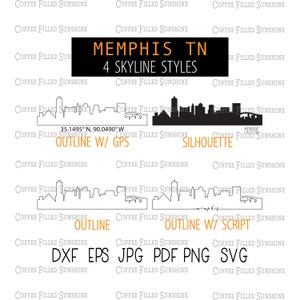 Skyline van de stad MEMPHIS TN USA - Instant digitale download, Memphis gps-coördinaten/overzicht/silhouet, tn monogram dxf eps jpg pdf png svg