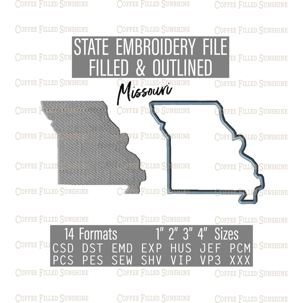MISSOURI EMBROIDERY File - Digital Download 4 MO State Sizes csd dst emd exp hus jef pcm pcs pes sew shv vip vip3 xxx Coffee Filled Sunshine