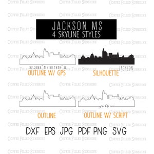 JACKSON MS City SKYLINE - Instant Digital Download, gps Coordinates/Outline/Silhouette dxf eps jpg pdf png svg Coffee Filled Sunshine