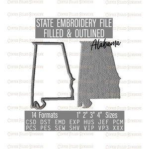 ALABAMA EMBROIDERY File - Digital Download, 4 AL State Sizes csd dst emd exp hus jef pcm pcs pes sew shv vip vip3 xxx Coffee Filled Sunshine