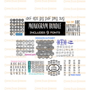 May include: A digital download of nine different monogram fonts, including a script font, a hexagon alphabet, a stacked alphabet, and a 3-letter oval alphabet. The fonts are black and white and are displayed on a white background. The text "Monogram Bundle Includes 9 Fonts" is displayed in the centre of the image.