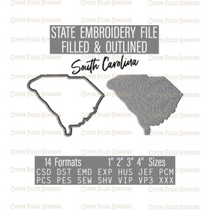 May include: A digital embroidery file of the state of South Carolina, filled and outlined. The file is available in 14 formats and 5 sizes, from 1 to 4 inches.