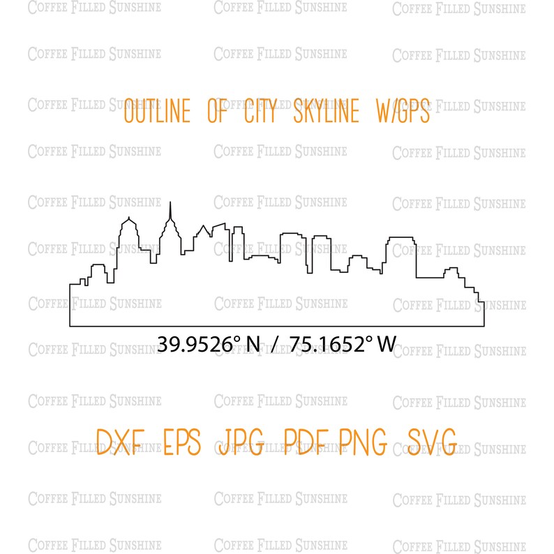 May include: A black outline of a city skyline with GPS coordinates. The text includes "OUTLINE OF CITY SKYLINE W/GPS" and file format options: DXF, EPS, JPG, PDF, PNG, SVG. The coordinates are 39.9526&deg; N / 75.1652&deg; W.