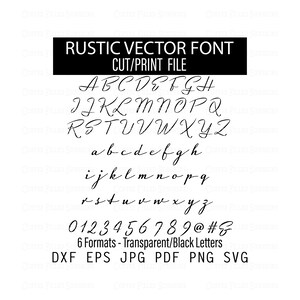 May include: A black and white image of a rustic vector font alphabet with uppercase and lowercase letters, numbers, and symbols. The font is handwritten and has a casual, informal style. The text below the font says "6 Formats - Transparent/Black Letters" and lists the file formats: DXF, EPS, JPG, PDF, PNG, and SVG.