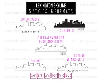 LEXINGTON KY SKYLINE - Instant Digital Download Lexington Kentucky gps Coordinates/Outline/Silhouette dxf eps jpg pdf blackwork png svg