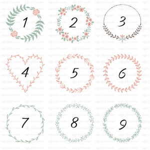 May include: Nine different floral wreaths with numbers 1 through 9 in the center. The wreaths are in shades of pink and green.