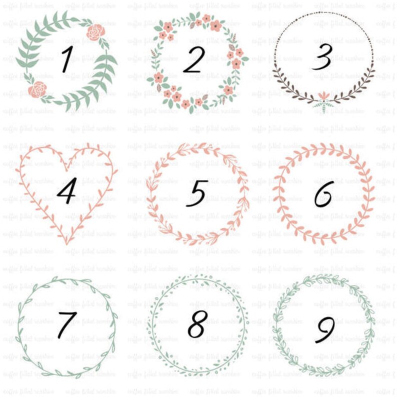 May include: Nine different floral wreaths with numbers 1 through 9 in the center. The wreaths are in shades of pink and green.