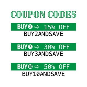May include: A graphic with the text "COUPON CODES" in green, with three green rectangular blocks below. Each block contains a "BUY" prompt, a percentage off, and a coupon code. The offers are: Buy 2, 15% off, Buy2andSave; Buy 3, 30% off, Buy3andSave; Buy 10, 50% off, Buy10andSave.