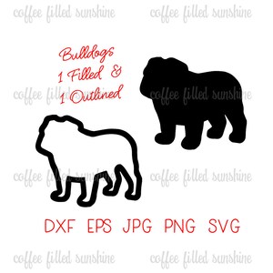 May include: A digital download of two bulldog silhouettes, one filled in black and one outlined in black. The text "Bulldogs 1 Filled & 1 Outlined" is written in red.