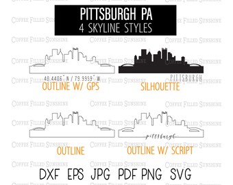 PITTSBURGH PA City SKYLINE - Instant Digital Download, gps Coordinates/Outline/Silhouette dxf eps jpg pdf png svg Coffee Filled Sunshine