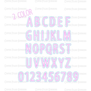 May include: A two-color alphabet and numbers set with pink and light blue outlines. The letters and numbers are in a bold, blocky font.