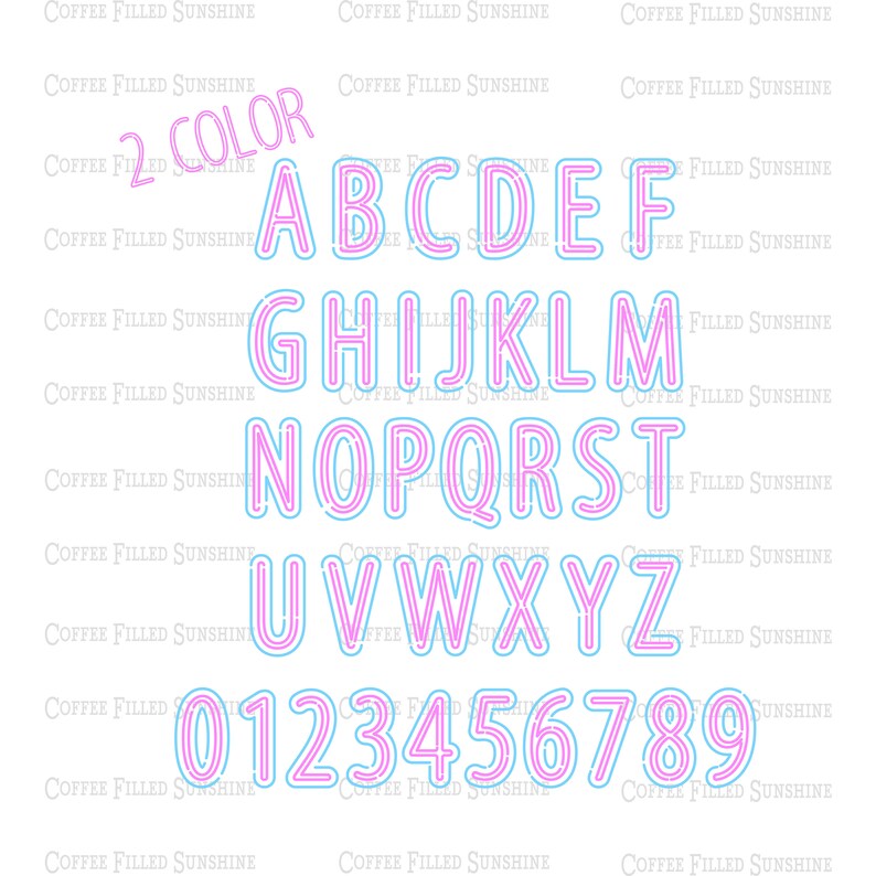 May include: A two-color alphabet and numbers set with pink and light blue outlines. The letters and numbers are in a bold, blocky font.