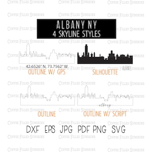 May include: Four different styles of the Albany, New York skyline. The styles include an outline with GPS coordinates, a silhouette, an outline, and an outline with a script font. The text "ALBANY NY" and "4 SKYLINE STYLES" are at the top of the image. The text "OUTLINE W/ GPS", "SILHOUETTE", "OUTLINE", and "OUTLINE W/ SCRIPT" are below the skylines. The text "DXF EPS JPG PDF PNG SVG" is at the bottom of the image.