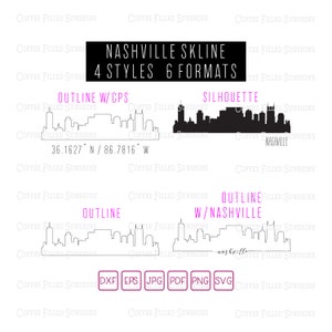 NASHVILLE TN Skyline - Instant digitale download Tennessee gps coördinaten/overzicht/silhouet dxf eps jpg pdf png svg koffie gevuld zonneschijn