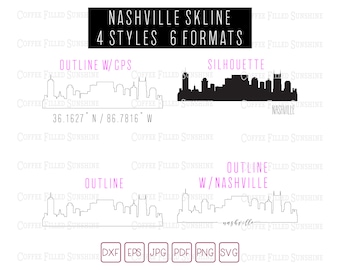 NASHVILLE TN Skyline - Instant digitale download Tennessee gps coördinaten/overzicht/silhouet dxf eps jpg pdf png svg koffie gevuld zonneschijn