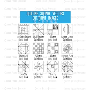 Puede incluir: Una ilustración en blanco y negro de 10 patrones de bloques de colcha diferentes. Los patrones incluyen Log Cabin Square, 4 Half Square, 4 Patch, Garden Lattice, Churn Dash, 25 Patch, 9 Patch, Dresden Plate, Lone Star, 6 Point Star, Shoo Fly y Flying Geese.