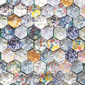 Collection 40 tacked new Liberty cotton lawn floral patchwork hexagons charm/quilt/sewing gift.