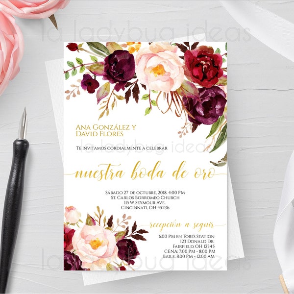 Invitacion boda de oro para editar/imprimir color tinto. Invitaciones bodas de oro en español. Digital. Invitación de boda imprimible en español