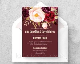 Burgundy Floral Wedding Invitation Template, Spanish (Digital)
