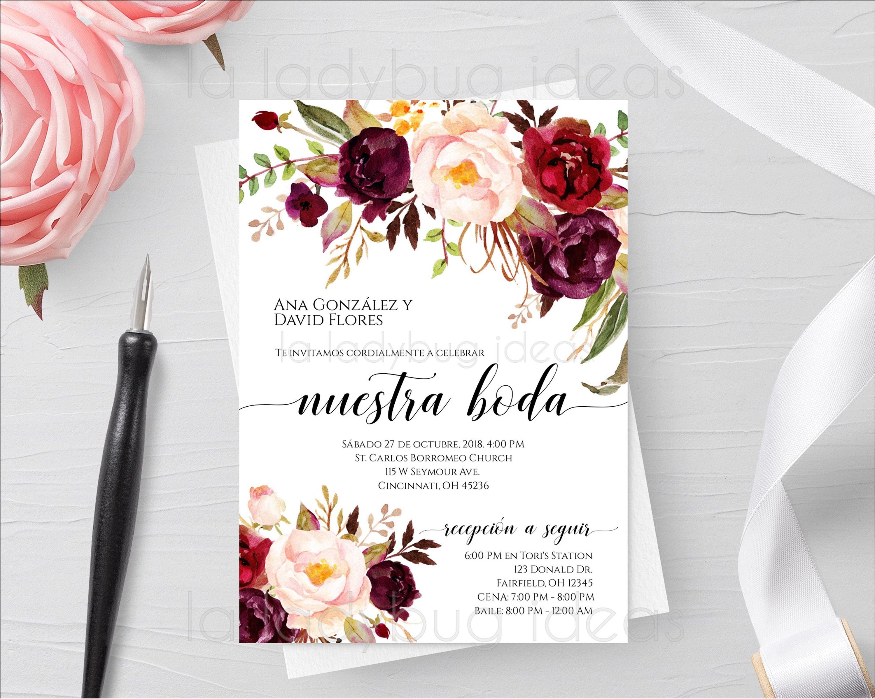 boda para editar/imprimir color tinto. Invitaciones - Etsy México