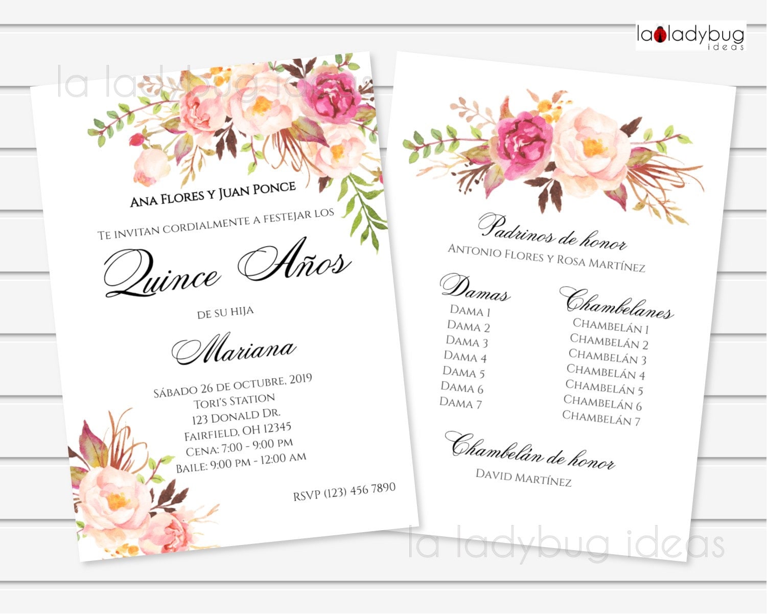 Quinceanera Damas and Chambelanes Card in Spanish. Tarjeta 