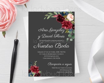 Burgundy Floral Wedding Invitation, Editable Spanish Template (Digital Download)