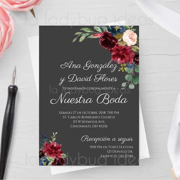 Editable invitation. Gray and burgundy. Invitaciones de boda para editar/imprimir. Invitación boda en español. Wedding Invitation Spanish