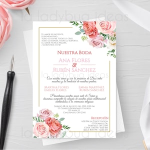 May include: Wedding invitation with pink floral design. The invitation features the text "Nuestra Boda" and the names "Ana Flores & Ruben Sanchez". The invitation also includes the date and time of the wedding ceremony and reception.