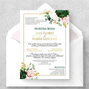 Invitaciones de boda para editar/imprimir en español, verde esmeralda. Green emerald Spanish Wedding invitation. Invitacion de boda.