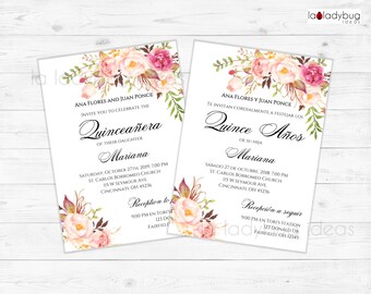 Floral Quinceanera Invitation Template, Bilingual (Digital Download)