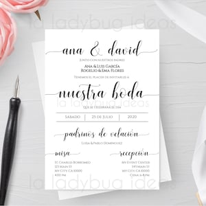 May include: Black and white wedding invitation with the text "ana & david" and "nuestra boda" with the date "25 de julio 2020". The invitation includes details for the ceremony and reception.