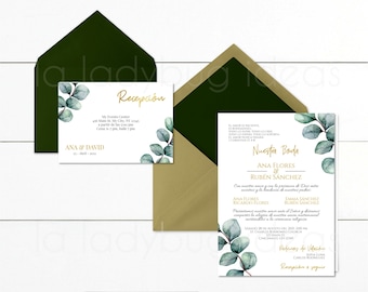 May include: A wedding invitation with green eucalyptus leaves and gold lettering. The invitation reads "Nuestra Boda" which translates to "Our Wedding" in English. The invitation includes the names Ana Flores and Ruben Sanchez, the date and time of the wedding, and the location of the ceremony and reception.